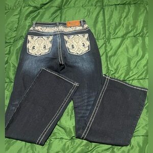 Westfield Eagle embellished embroidered dark wash bootcut jeans size 7